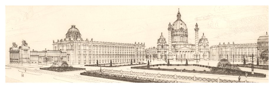 06 Wagner - Studie Stadtmuseum Karlsplatz, Wien Bd. III Heft 5, 6, 7 - perspektivische Ansicht Karlsplatzecke - Heliogravure