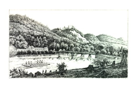 081 Ruine Gösting mit der Weinzierlbrücke - bei Graz - drawing. Wonsidler, Lith. v. Seitle - J.F.Kaiser Lithografirte Ansichten der Steiermark 1830
