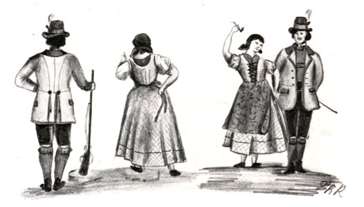 084 Jäger und Frau in Roseggers Waldheimat um 1863, bemalte Bleistiftzeichnung vom Störschneiderlehrling Peter Rosegger