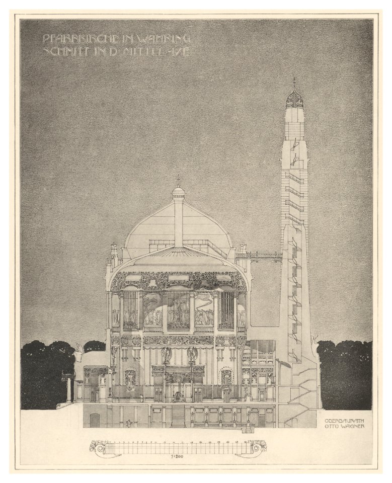 08 Wagner - Moderne im Kirchenbau Bd. III 2. Heft - Projekt Pfarrkirche Währing - Schnitt in der Mittelachse - Heliogravur