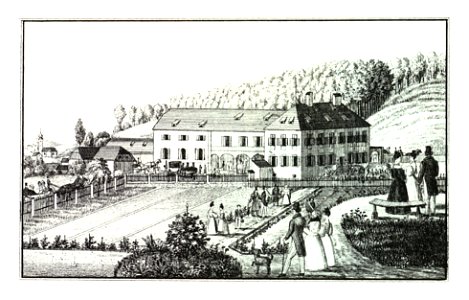 092 Graz Messendorf, Ansicht des neuen Bräuhauses Freyschloss - J.F.Kaiser Lithografirte Ansichten der Steiermark 1830