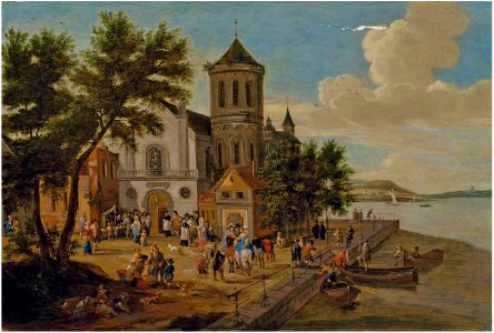 Pieter Bout and Adriaen Frans Boudewyns - People in front of the village church near a river. Free illustration for personal and commercial use.