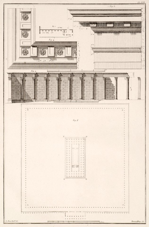 1 - 4 Hadrian's Library, Athens- plan of the west side of the monument Elevation of the west side Elevation of entablatu - Le Roy Julien David - 1770