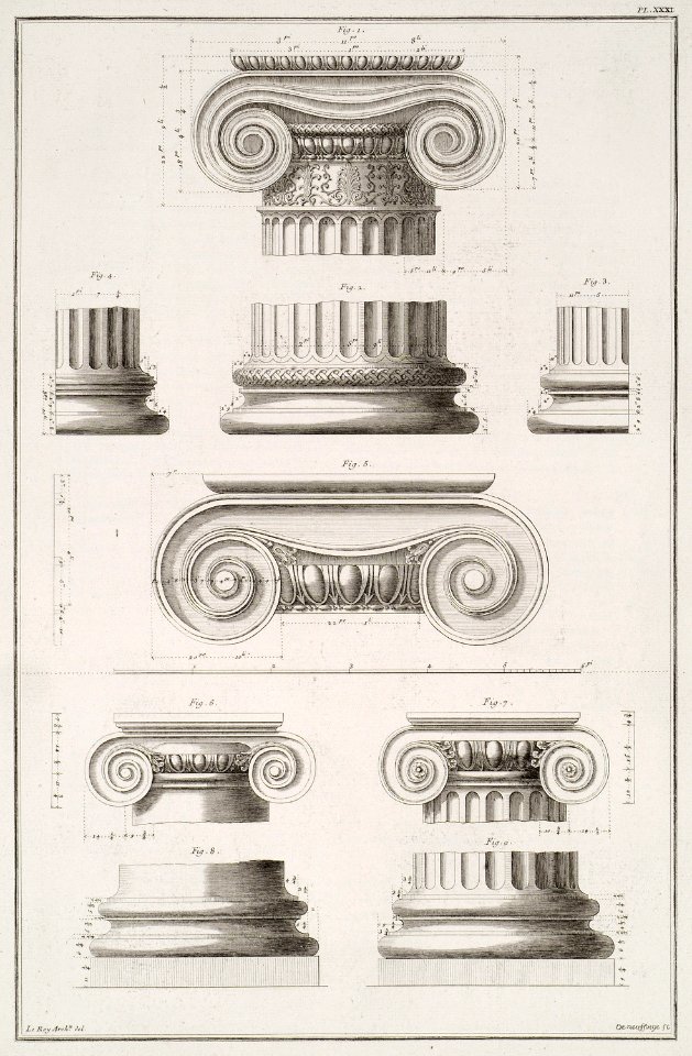 1 and 2 View of capital and base of capital from Erechtheion, Athens 3 and 4 Views of bases of columns from Erechtheion - Le Roy Julien David - 1770