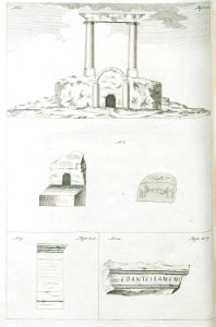 1 Corinthian columns of entrance to a catacomb at Shaykh Barakat, near Aleppo, Syria 2 The entrance to the catacomb of a - Drummond Alexander - 1754. Free illustration for personal and commercial use.