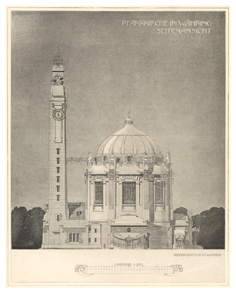 09 Wagner - Moderne im Kirchenbau Bd. III 2. Heft - Projekt Pfarrkirche Währing - Seitenansicht - Heliogravur