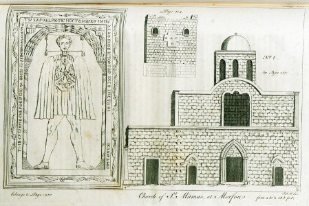 1 Funerary stele at the Church of Panagia Acheiropoietos, Lapithos, Cyprus 2 Part of the front of the Kolossi Castle, L - Drummond Alexander - 1754