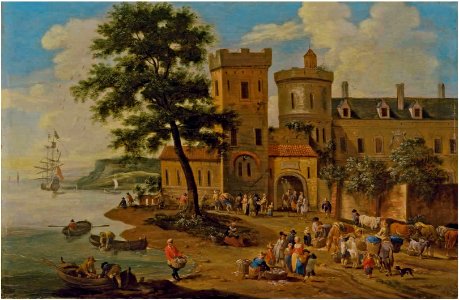 Pieter Bout and Adriaen Frans Boudewyns - Market Scene in a river at the entrance of a city. Free illustration for personal and commercial use.
