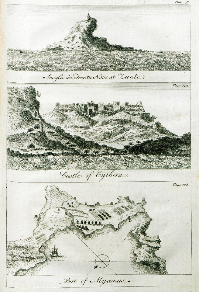 1 Scoglio de Trenta Nove at Zante 2 Castle of Cythera 3 Port of Myconus - Drummond Alexander - 1754