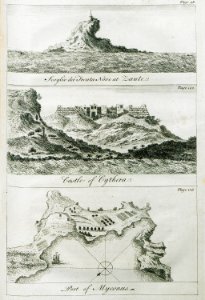 1 Scoglio de Trenta Nove at Zante 2 Castle of Cythera 3 Port of Myconus - Drummond Alexander - 1754