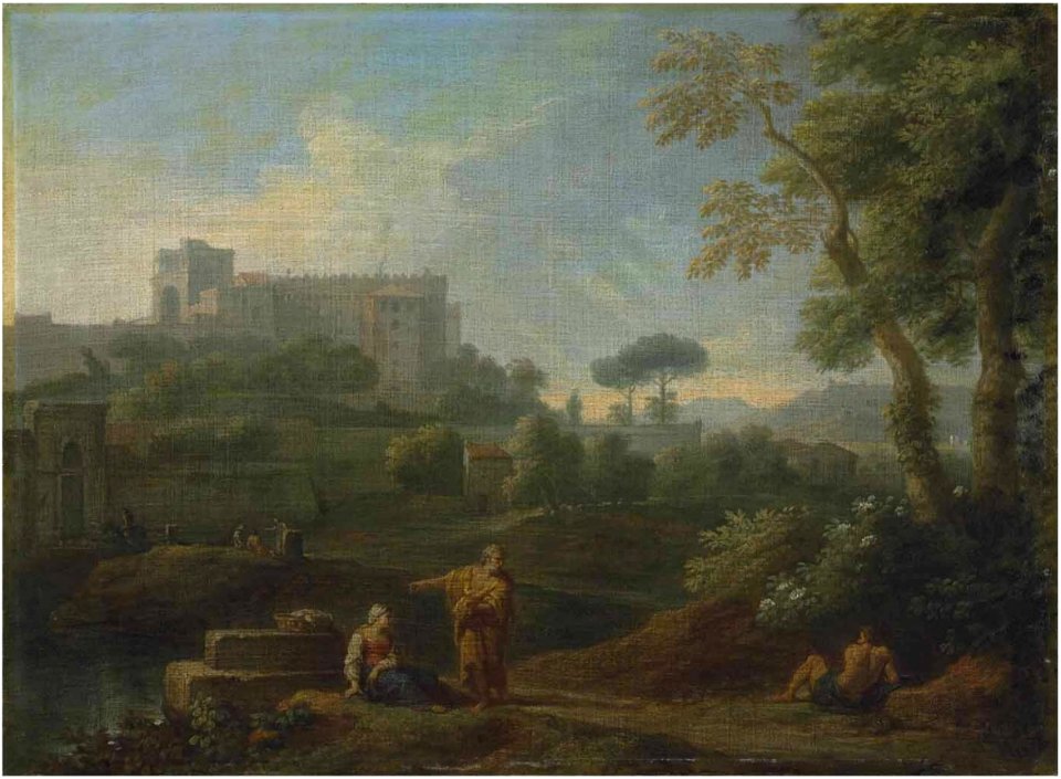 Jan Frans van Bloemen - A classical landscape with a capriccio of the Vatican Belvedere, figures conversing in the foreground