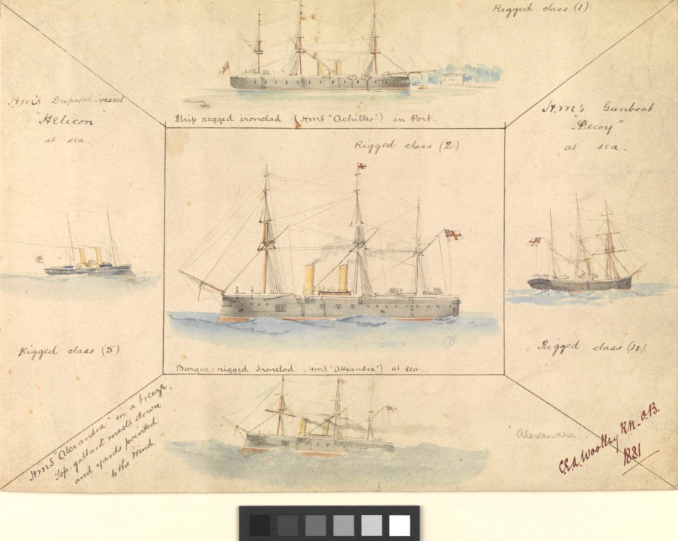 1. Barque-rigged ironclad (H.M.S. Alexandra at sea). 2. H.M's Gunboat Decoy at sea. 3. HMS Alexandra in a breeze. 4. H.M's Despatch-vessel Helicon at sea. 5. Ship rigged ironclad (HMS Achilles in port) RMG PW8172