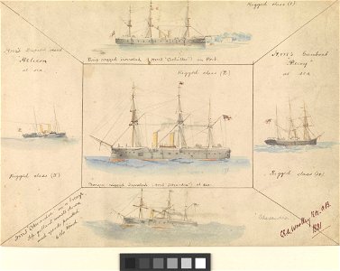 1. Barque-rigged ironclad (H.M.S. Alexandra at sea). 2. H.M's Gunboat Decoy at sea. 3. HMS Alexandra in a breeze. 4. H.M's Despatch-vessel Helicon at sea. 5. Ship rigged ironclad (HMS Achilles in port) RMG PW8172