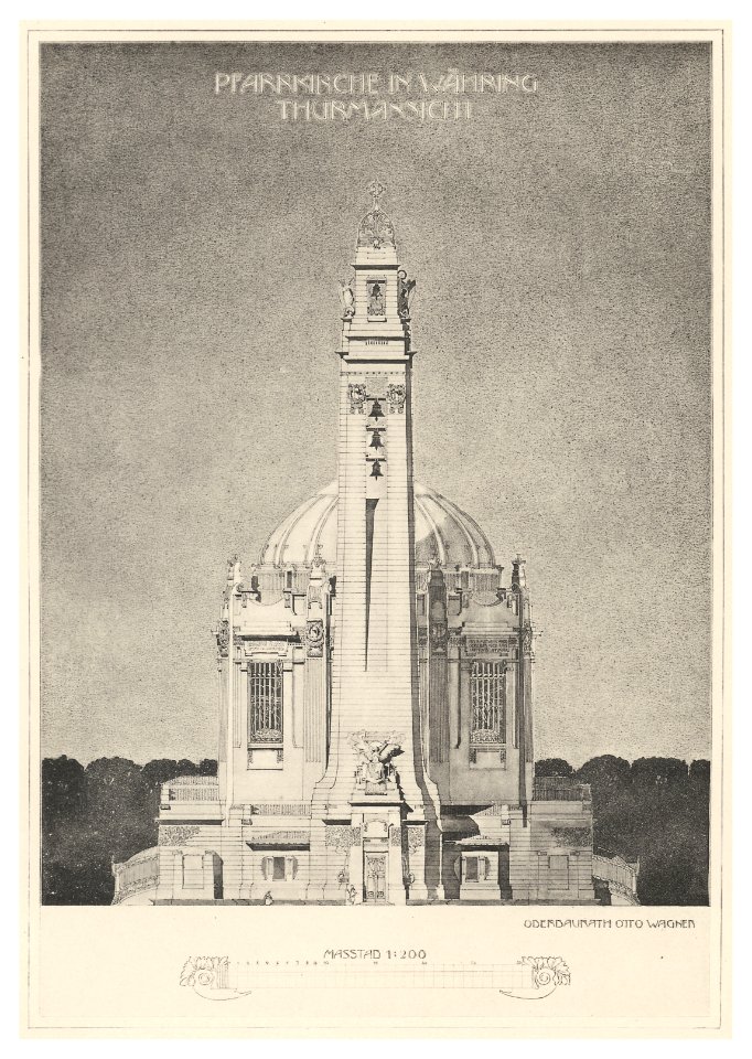 10 Wagner - Moderne im Kirchenbau Bd. III 2. Heft - Projekt Pfarrkirche Währing - Thurmansicht - Heliogravur