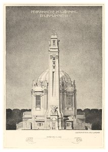 10 Wagner - Moderne im Kirchenbau Bd. III 2. Heft - Projekt Pfarrkirche Währing - Thurmansicht - Heliogravur