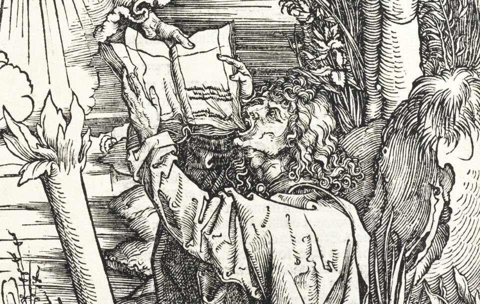 10. Albrecht Dürer, Apokalypsa, VIII. Sv. Jan hltající knihu, Národní galerie v Praze - crop