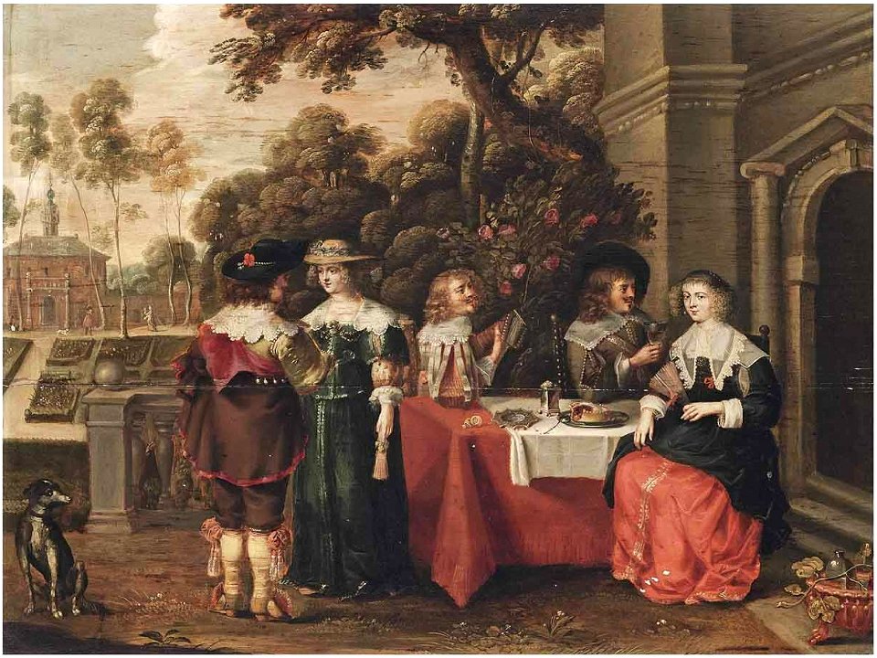 Christoffel Jacobsz. van der Lamen - Elegant company eating, drinking and music-making in a garden