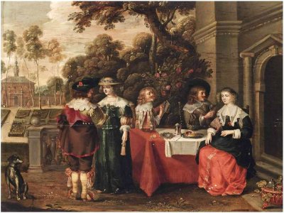 Christoffel Jacobsz. van der Lamen - Elegant company eating, drinking and music-making in a garden