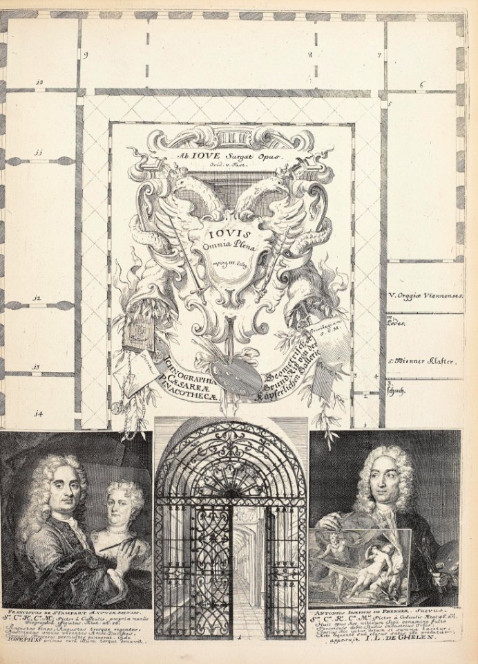 Frans van Stampart and Anton Joseph von Prenner - Plan of the 'Kaiserliche Gallerie und Kunstkammers' in the Stallburg Gallerie in Vienna with portraits of Frans van Stampart and Anton Joseph von Prenner