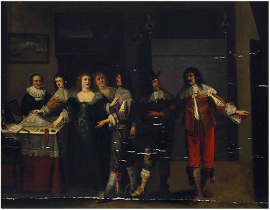 Christoffel Jacobsz. van der Lamen - Elegant company admiring a lace collar and other luxurious objects