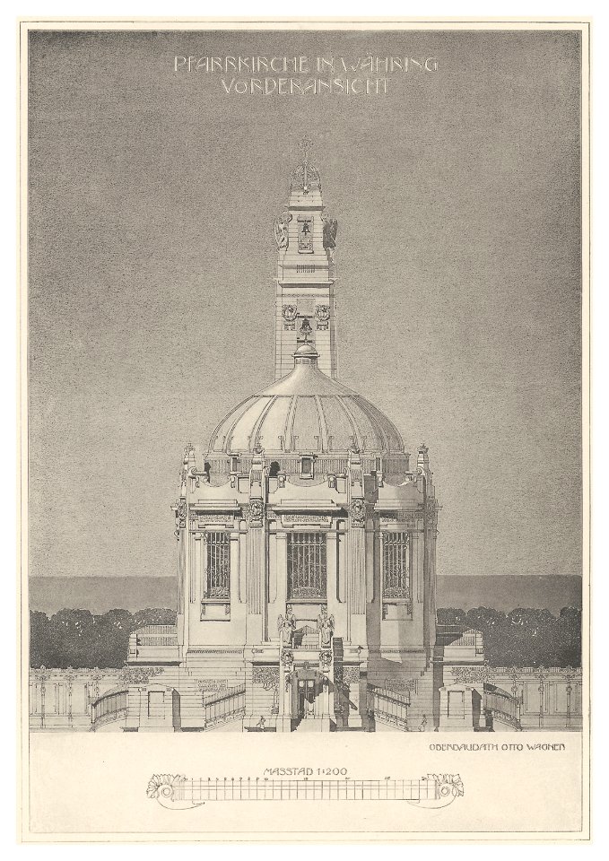 11 Wagner - Moderne im Kirchenbau Bd. III 2. Heft - Projekt Pfarrkirche Währing - Vorderansicht - Heliogravur