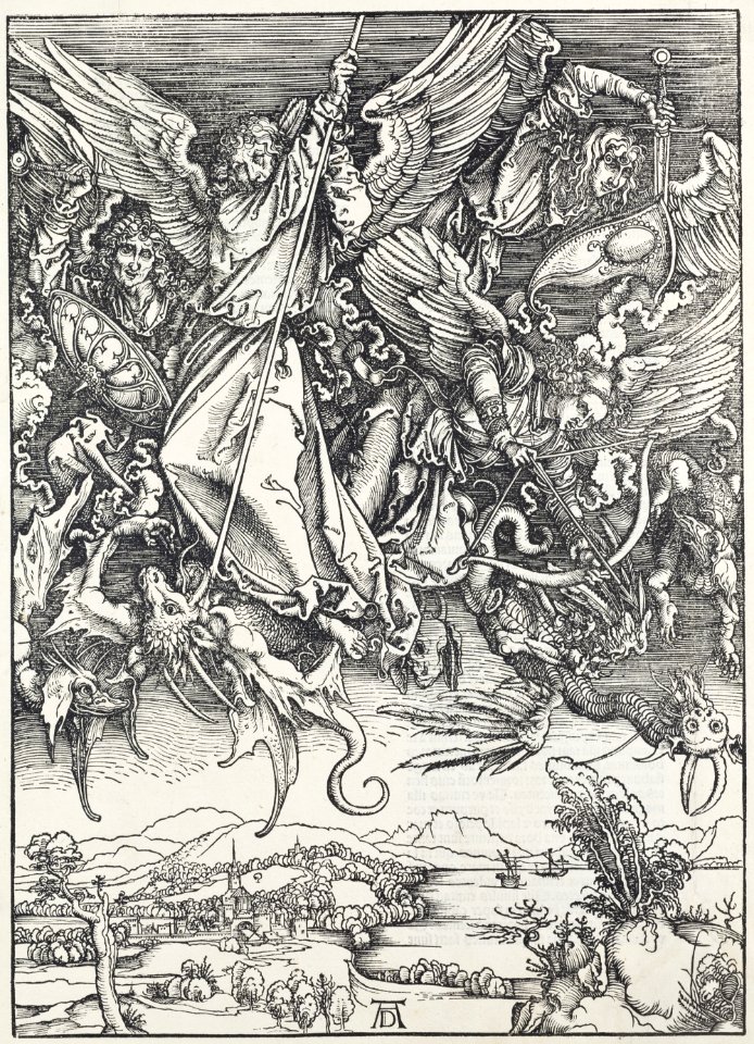 12. Albrecht Dürer, Apokalypsa, X. Sv. Michael bojující s drakem, Národní galerie v Praze