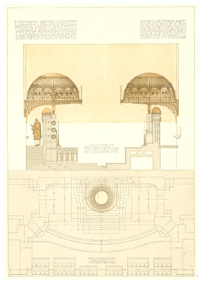 12 Otto Wagner-Kirche - Baumgartnerhöhe - Wagner Band 5. 6. und 7. Heft - Hochaltar mit Baldachin, Seitenansicht und Schnitt, Rasterdruck