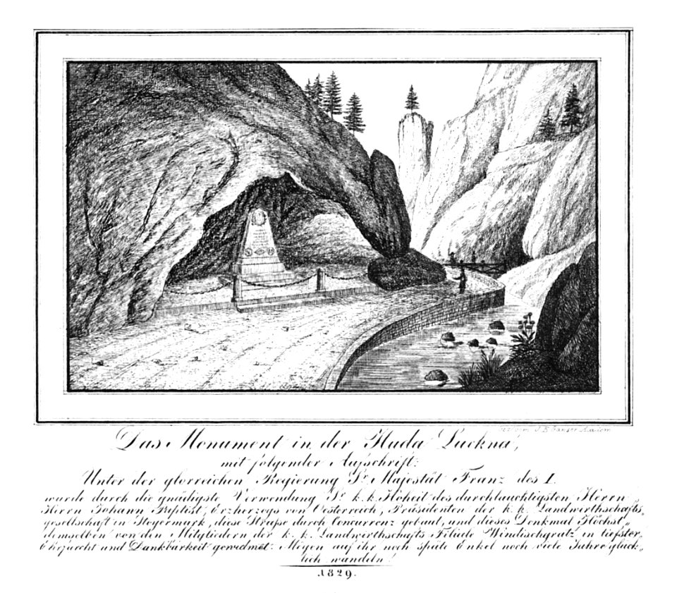 137a Das Erzherzog-Johann-Monument in der Hudna Luka, Windischgrätz - J.F.Kaiser Lithografirte Ansichten der Steiermark 1830