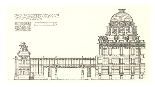 14 Wagner - Studie Stadtmuseum Karlsplatz, Wien Bd. III Heft 5, 6, 7 - Seitenansicht mit Ehrenhof