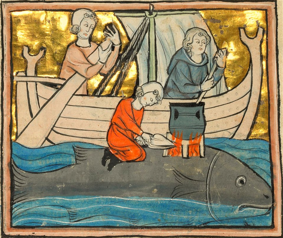 13th-century whale art detail, from- A Fisherman on the Back of a Whale - Google Art Project (cropped)