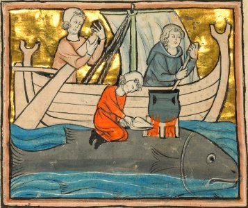 13th-century whale art detail, from- A Fisherman on the Back of a Whale - Google Art Project (cropped). Free illustration for personal and commercial use.