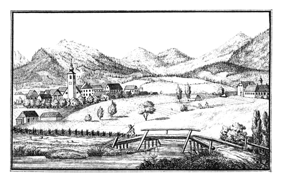 138 Markt Irdning - drawing by S. Kölbl- J.F.Kaiser Lithografirte Ansichten der Steiermark 1830
