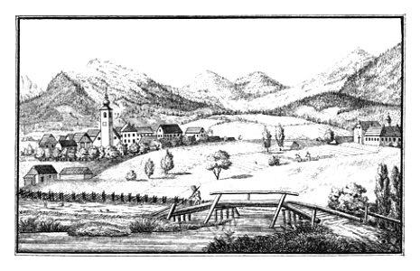 138 Markt Irdning - drawing by S. Kölbl- J.F.Kaiser Lithografirte Ansichten der Steiermark 1830