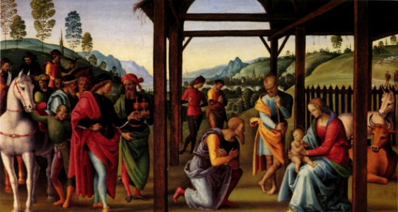 Perugino altarpolyptychon predellatafel scene adoration magi 1496 (22367649071)
