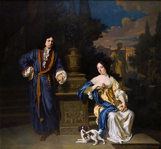 A gentleman and a lady in a park, by Jan Verkolje