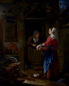 A Girl selling Grapes to an old Woman, by Frans van Mieris de Oude. Free illustration for personal and commercial use.