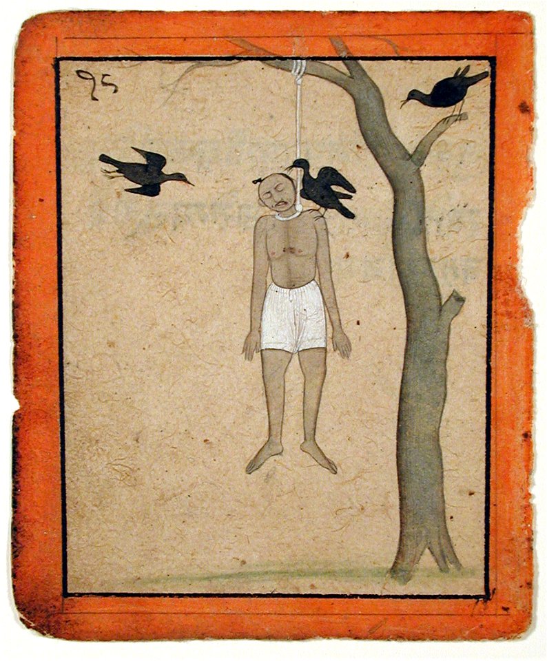 A hanging man's body is regarded by three crows (6125133628)