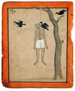A hanging man's body is regarded by three crows (6125133628)