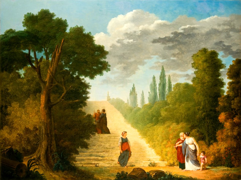 A grand staircase in a park setting