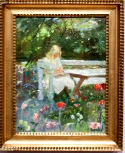 A girl in the garden in summertime, by Anna Ancher, with frame. Free illustration for personal and commercial use.