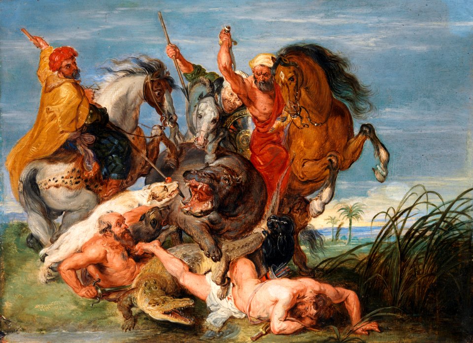 A Hippopotamus and Crocodile Hunt P5296
