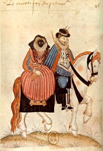 A horseman with his wife in the saddle behind him