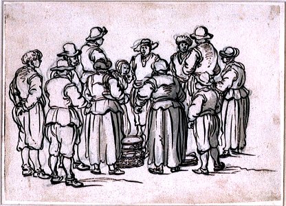 A group of twelve fishing people standing around some baskets RMG PV5179