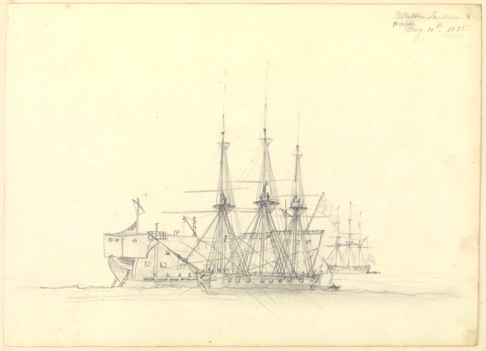 A hulk, HMS 'Pandora' and HMS 'Herald', 10 May 1825 RMG PZ0889