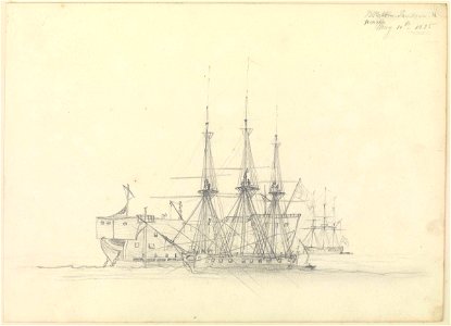 A hulk, HMS 'Pandora' and HMS 'Herald', 10 May 1825 RMG PZ0889