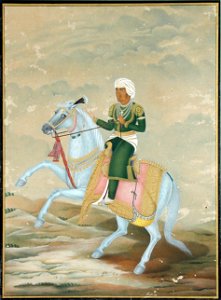 A horseman, dressed in green with a white-streaked turban, mounted on a blue ho (6124573147)