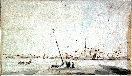 A hoy hauled up on the shore with ships at anchor in the distance RMG PV5353