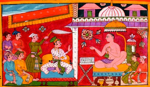 A Jain teacher receives a prince and his retinue (recto); map of the world (vers (6125094518) (cropped)