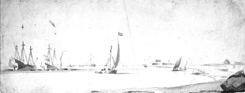 A kaag under sail and ships at anchor near the shore RMG PW6760
