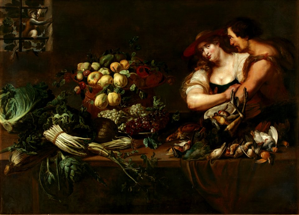 A Kitchen Still Life with Figures, oil on canvas by Adriaen van Utrecht and studio